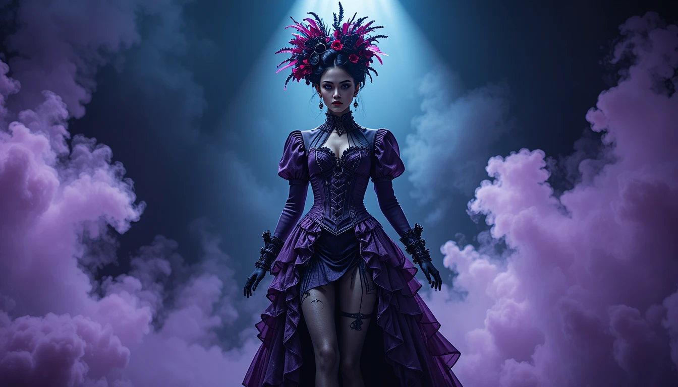 Steampunk fashion woman walking in dramatic spotlight