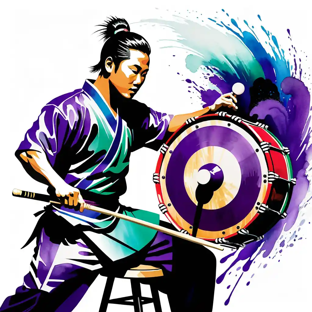 Japanese taiko drummer mid strike in monochrome ink illustration