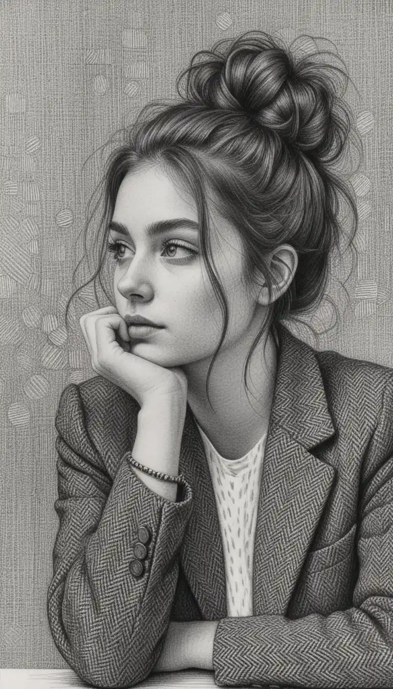 Ink portrait of pensive young woman with messy bun hairstyle