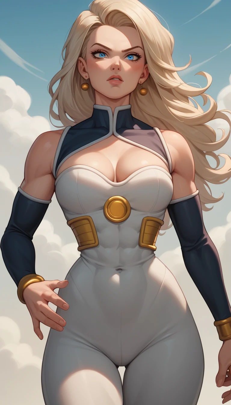 Confident anime heroine with blue eyes in sleek bodysuit