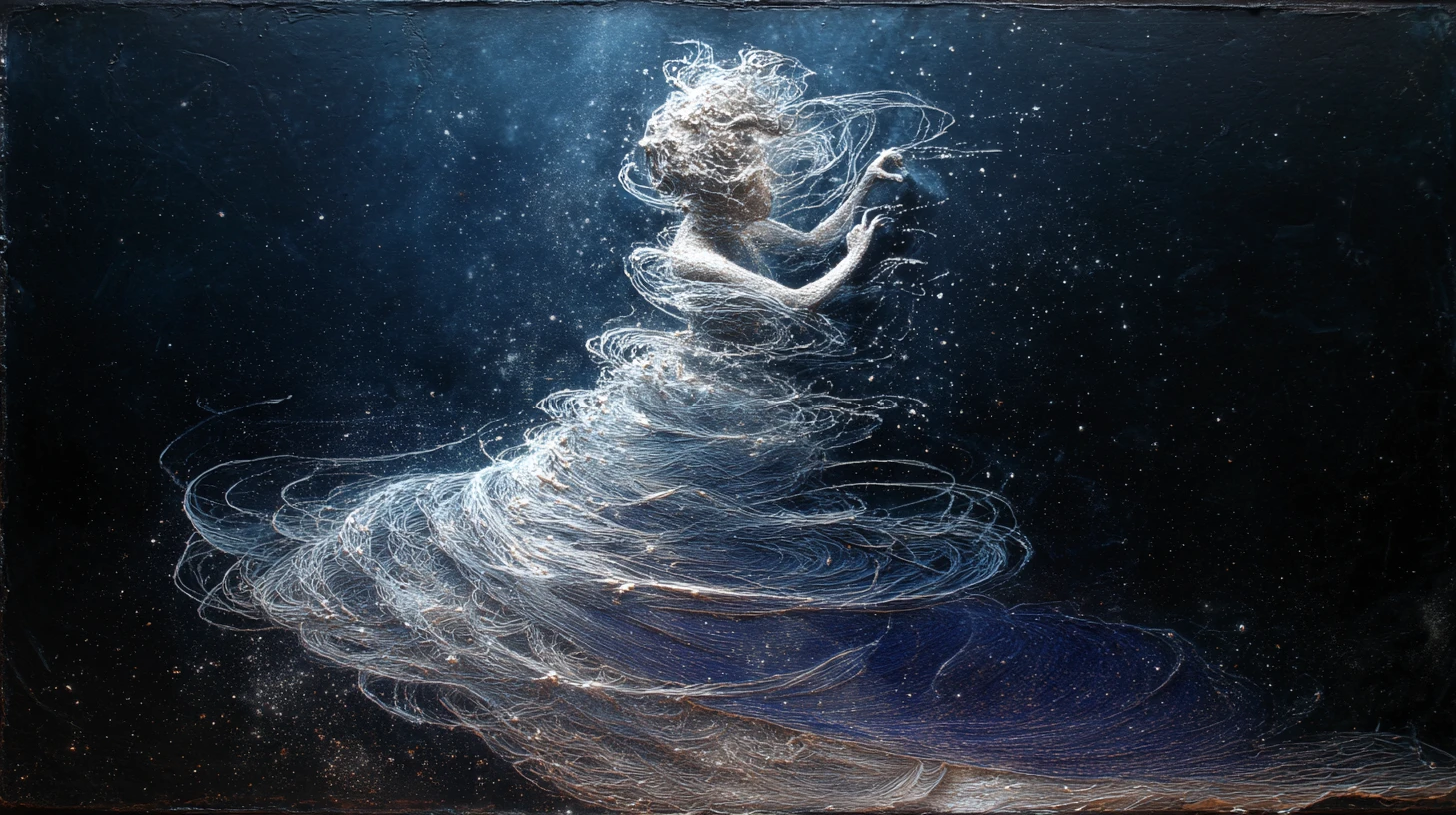 Ethereal Woman Dissolving Into Spiraling Silver Threads