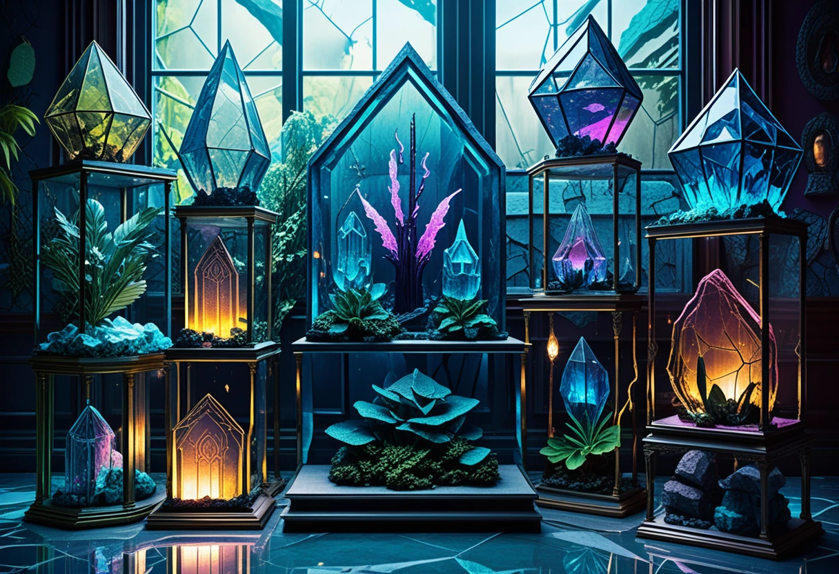 Crystal relics displayed in an ornate neon glass showcase