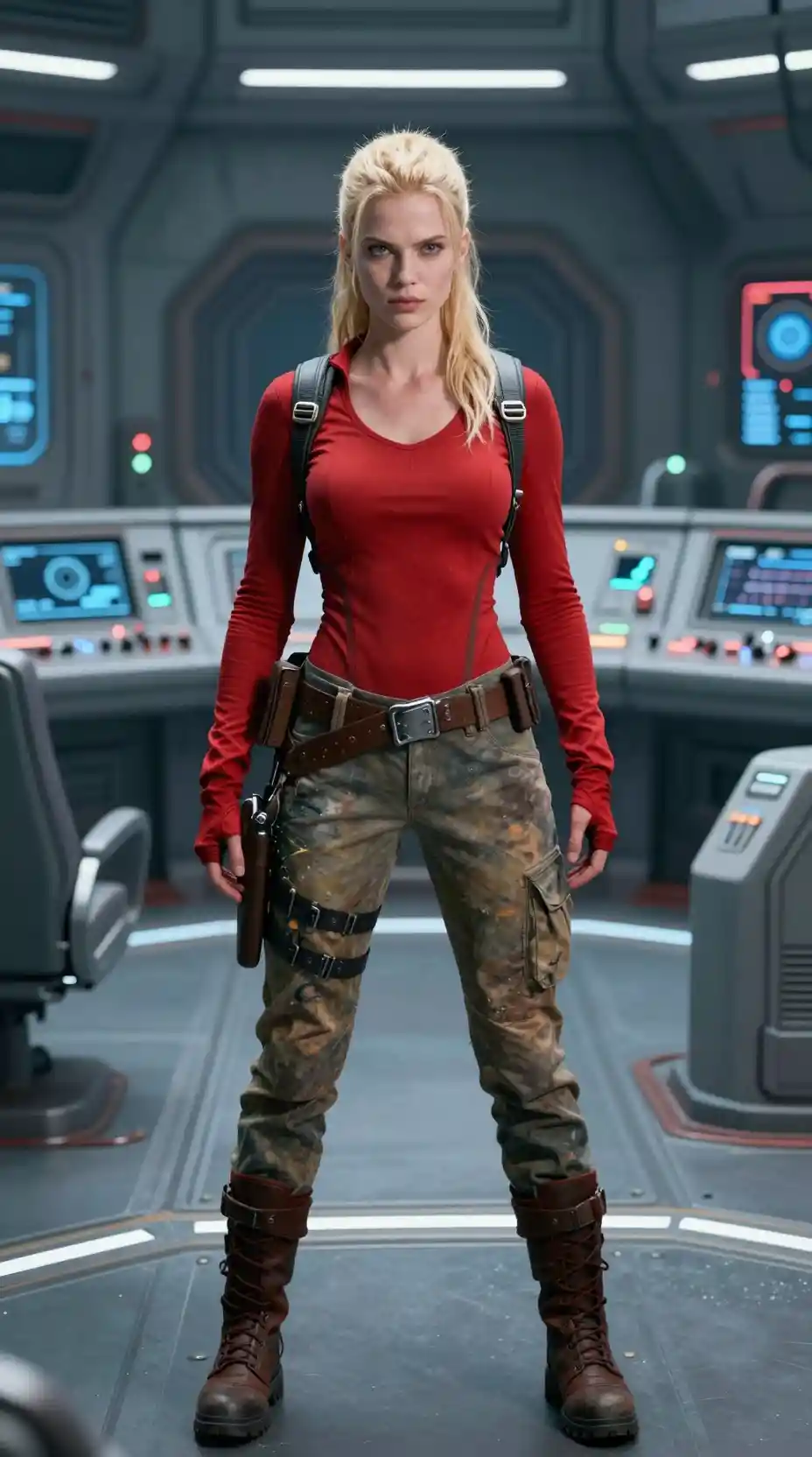 Futuristic blonde warrior in red stands in bright control room