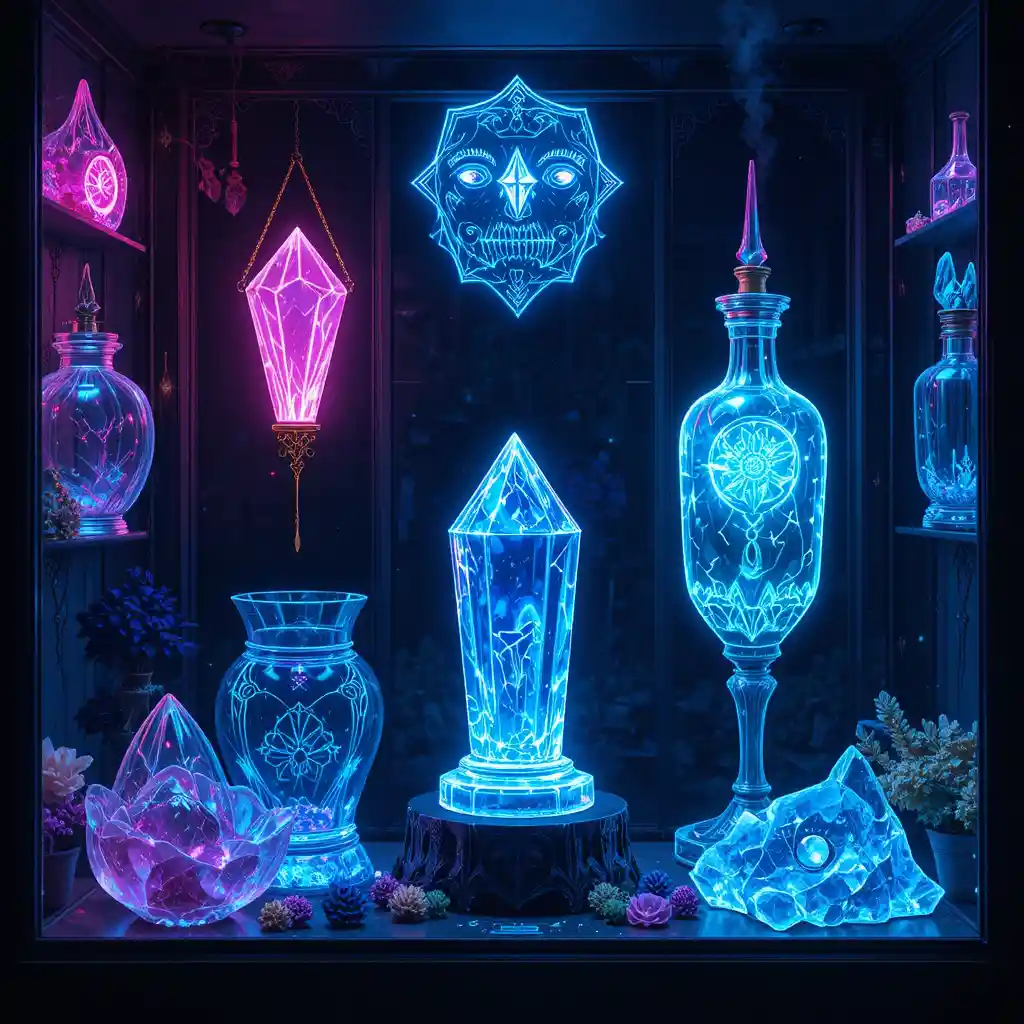 Crystal relics displayed in neon line art glass cases