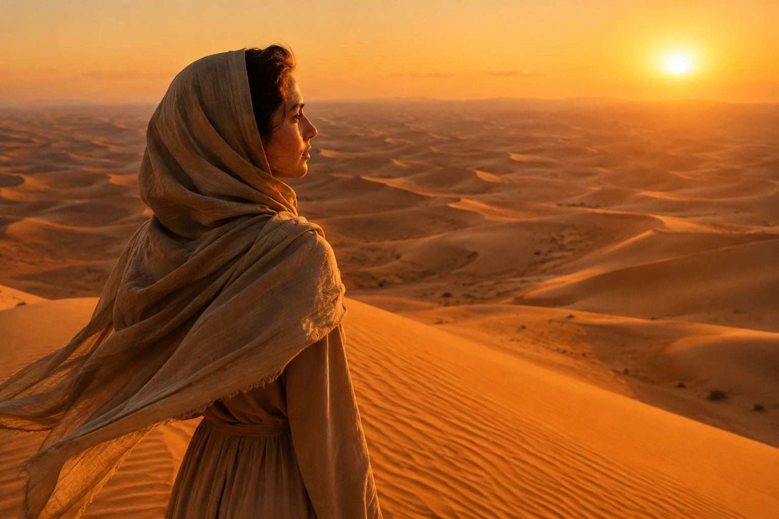 Woman on desert dune at sunset with flowing headscarf