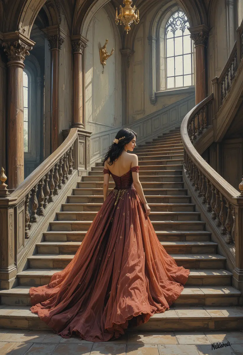 Femme élégante descendant un escalier dans l’intérieur d’un grand château