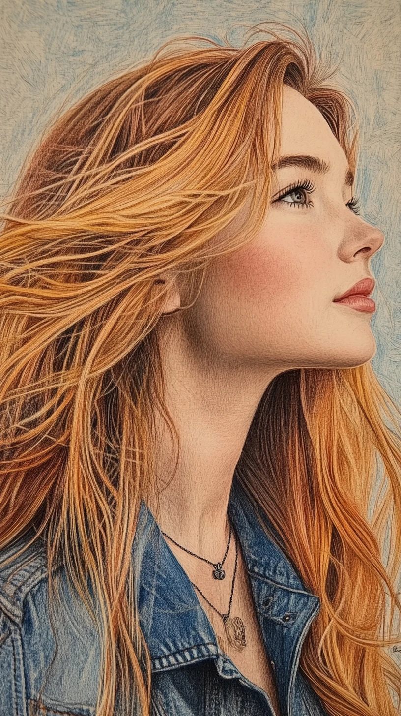 Low angle portrait of a smiling girl in colored pencil