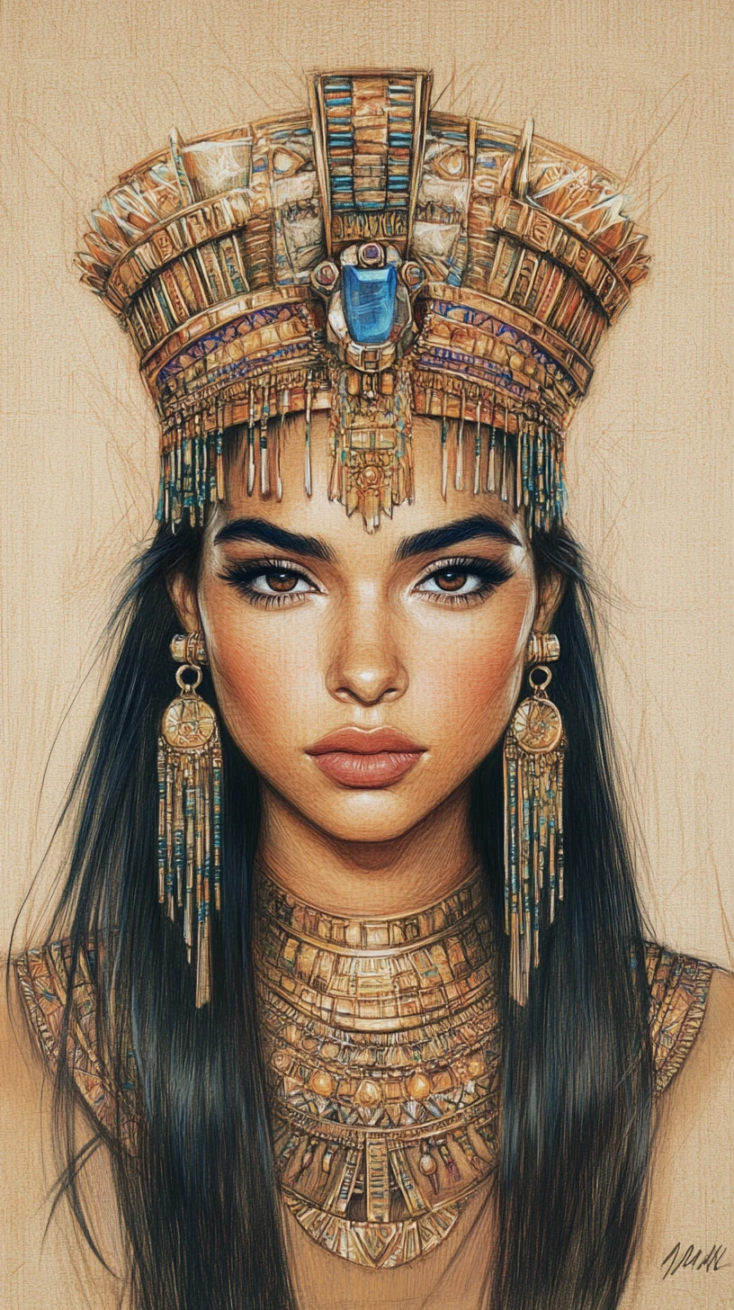 Colored pencil portrait of a regal ancient Egyptian woman