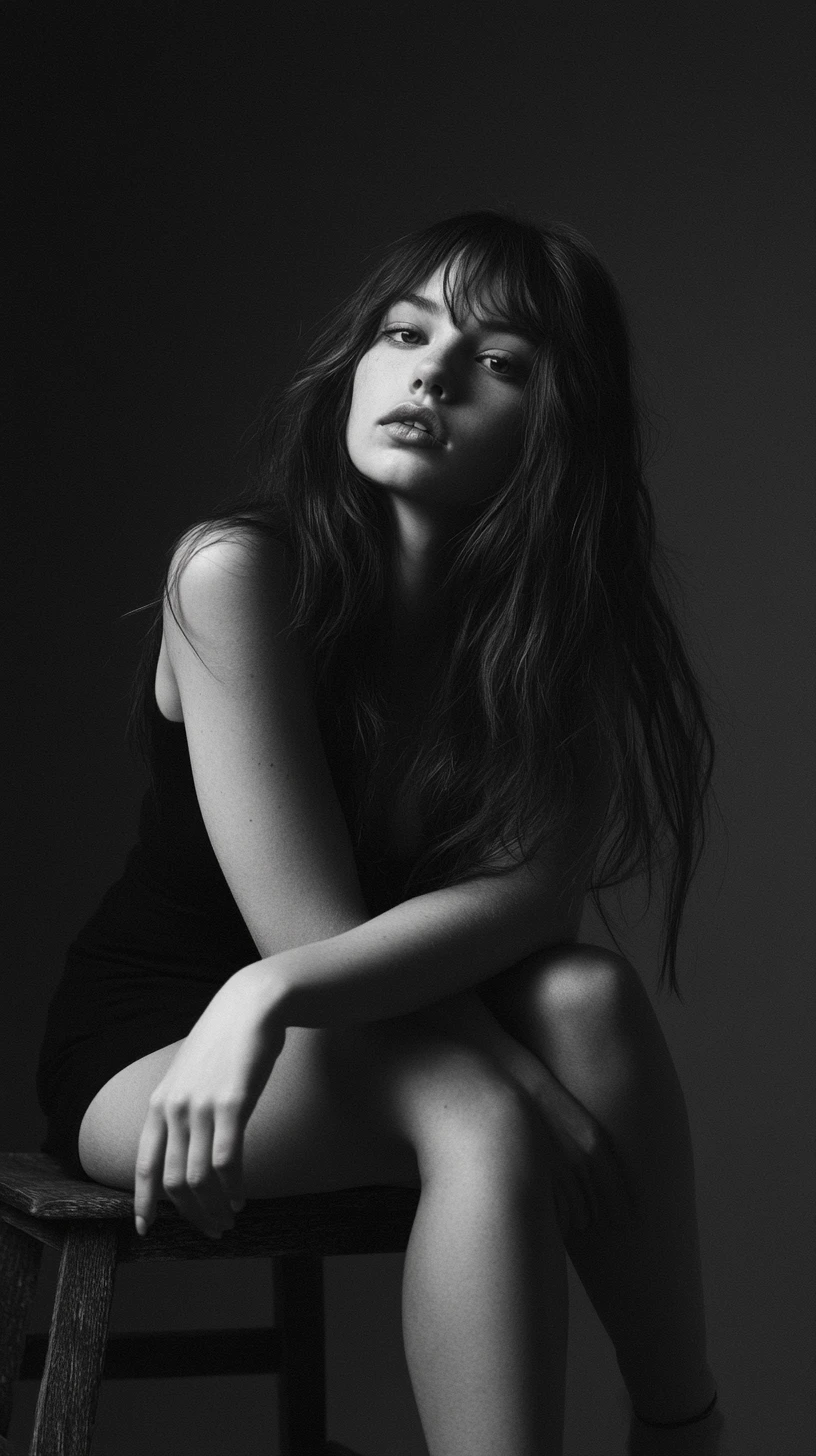 Black and white studio portrait of woman on wooden stool
