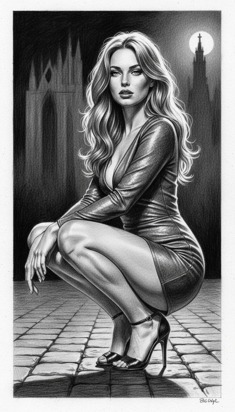 Elegant woman crouching in a glittering dress at night