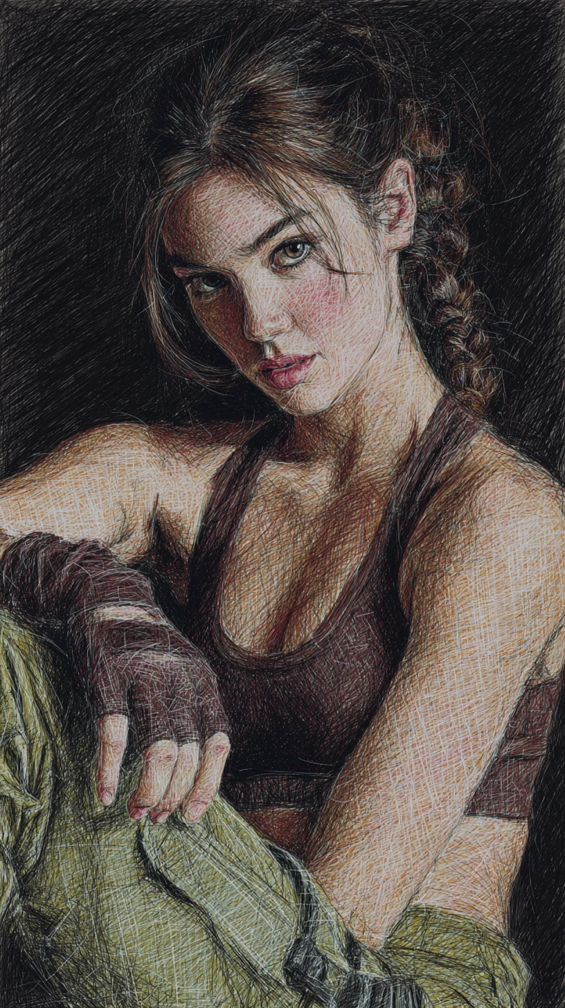 Intense brown eyed athlete in detailed pencil hatch portrait