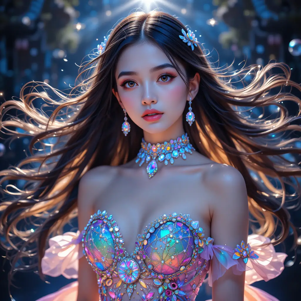 Glowing rainbow haired girl in a heavenly crystal dress