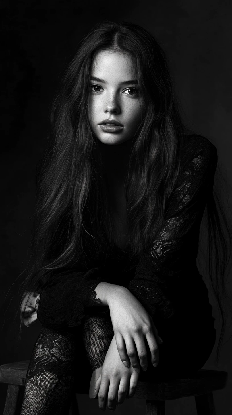 Moody studio portrait of a young woman on stool