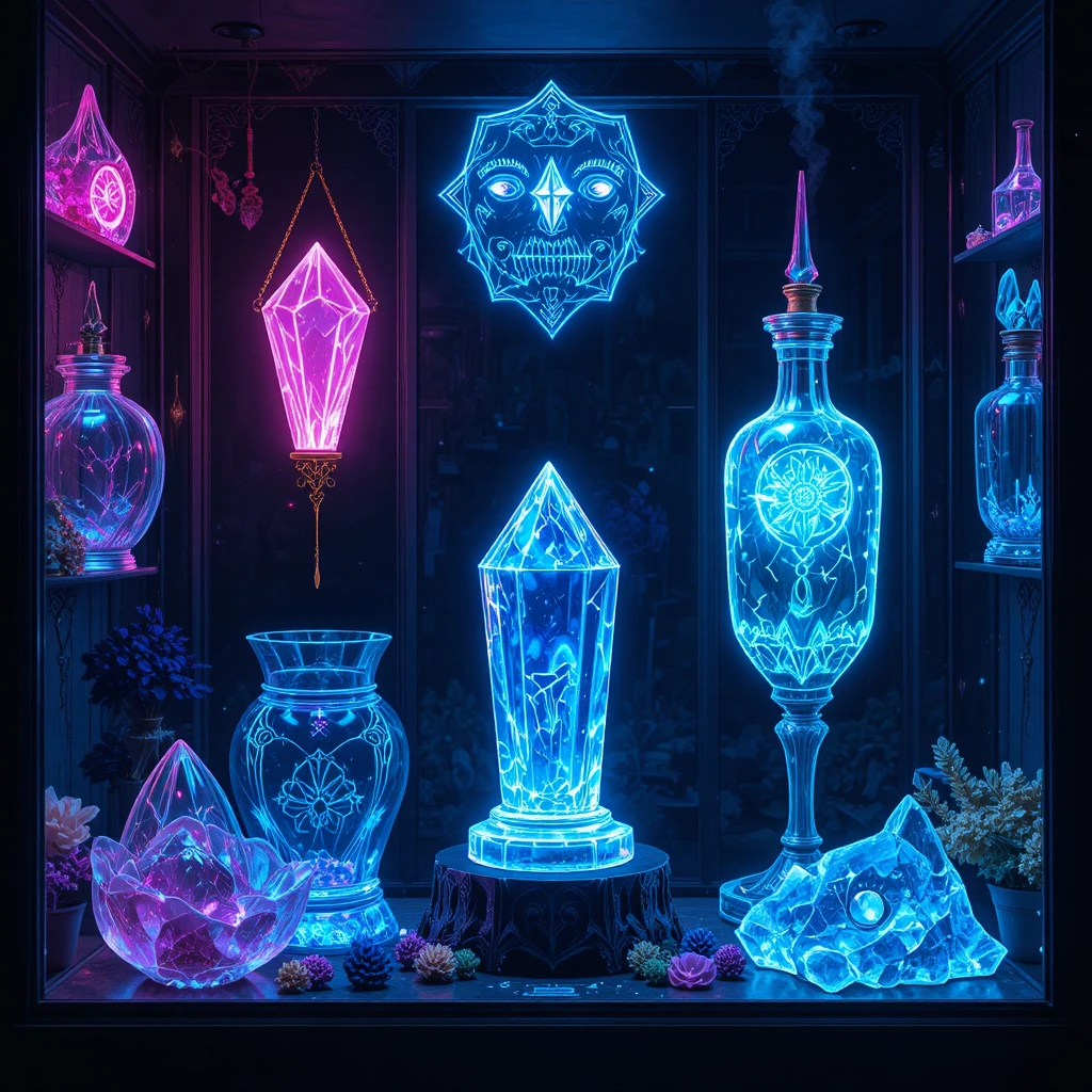 Crystal relics displayed in neon line art glass cases