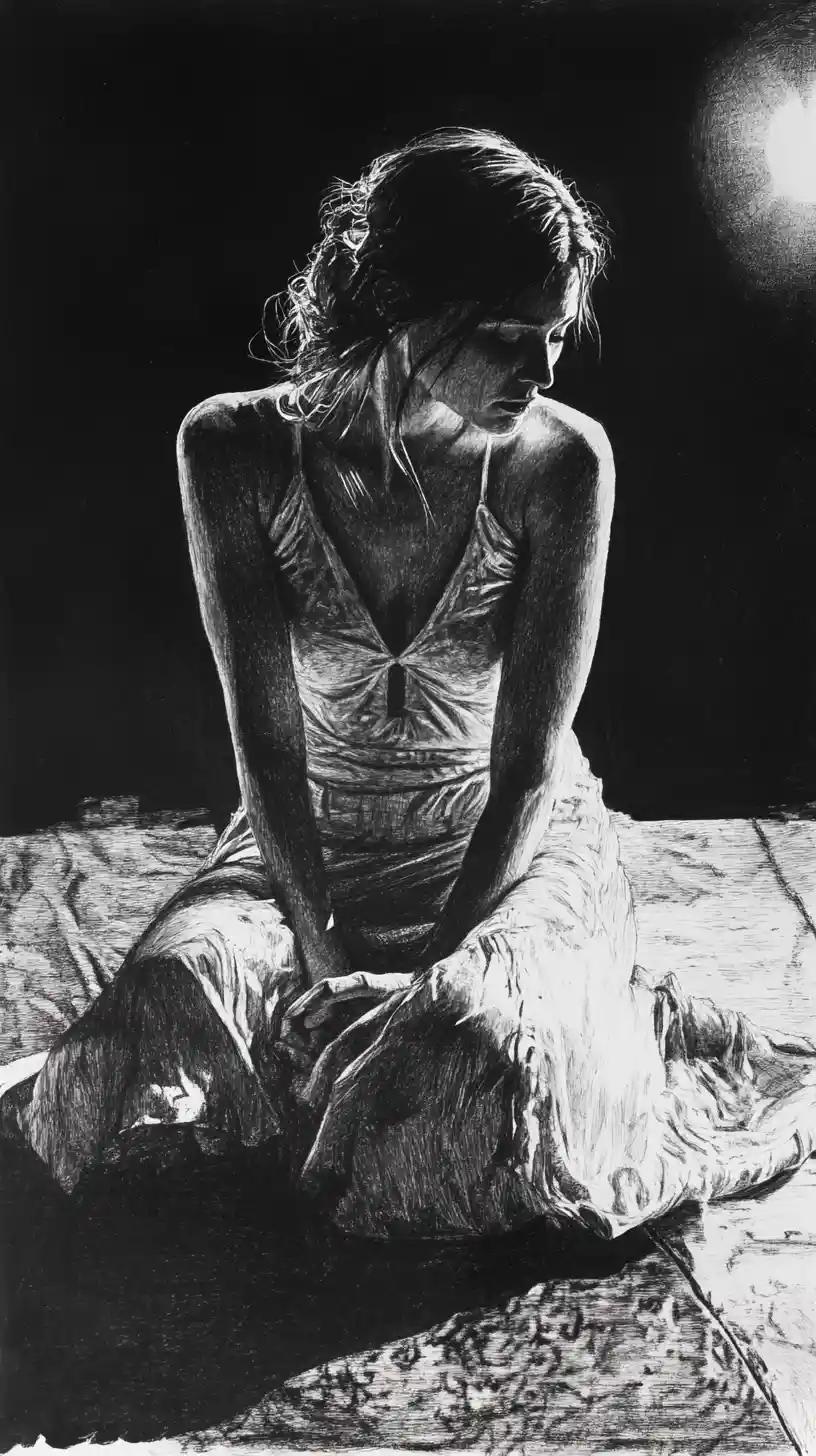 Elegant woman crouching in graphite chiaroscuro night drawing