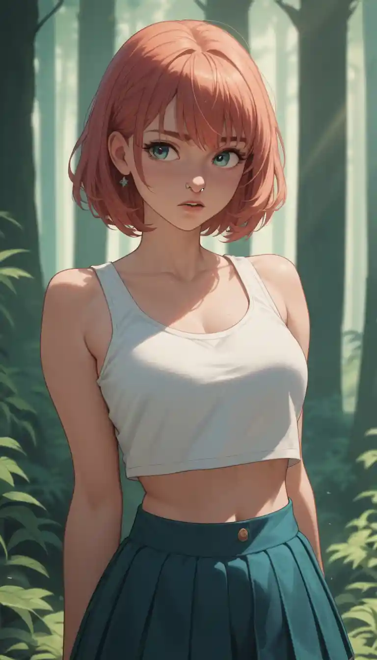 Colegial de anime de regata na luz de uma floresta enevoada