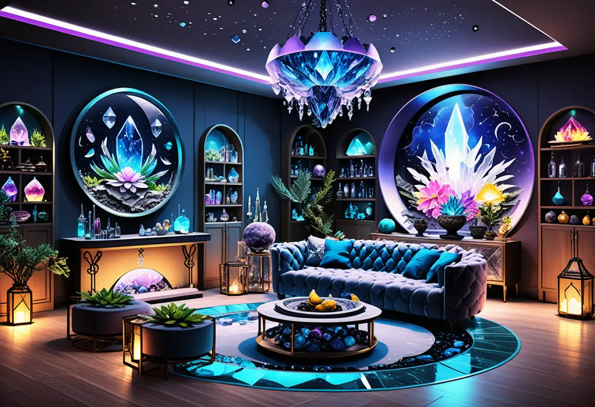 Lounge mystique en cristal avec zodiaque néon et wet bar
