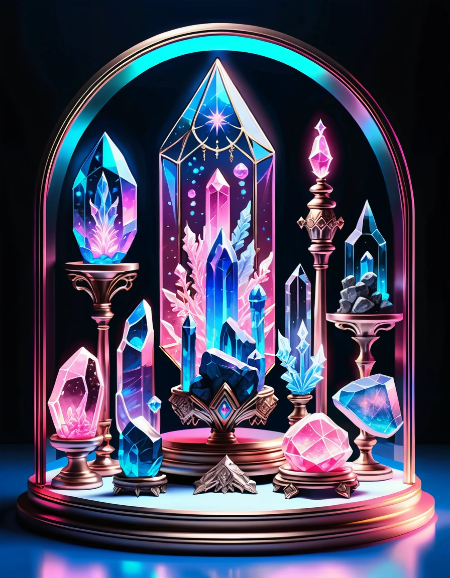 Crystal relics in ornate glass display with neon line art