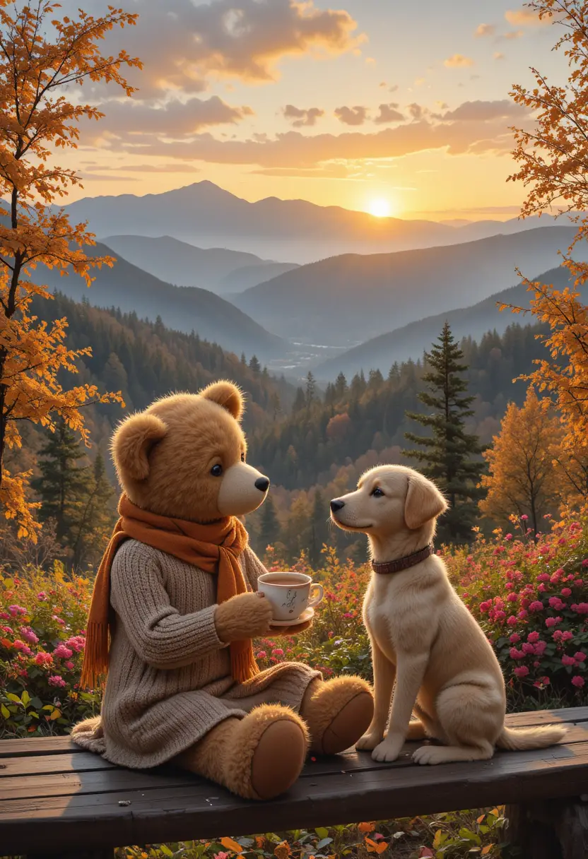Urso de pelúcia com chocolate quente ao nascer do sol nas montanhas