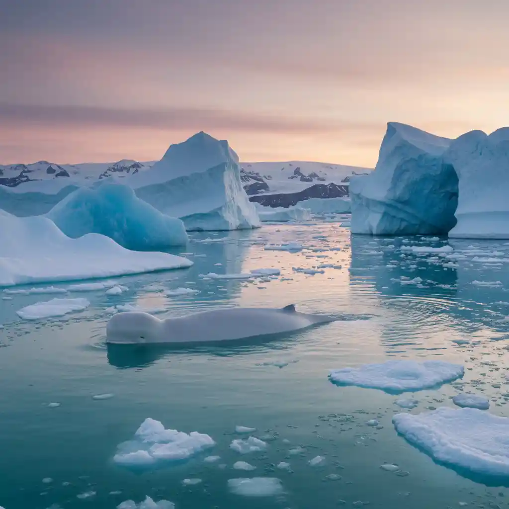 Beluga whale gliding through icy arctic waters at sunset