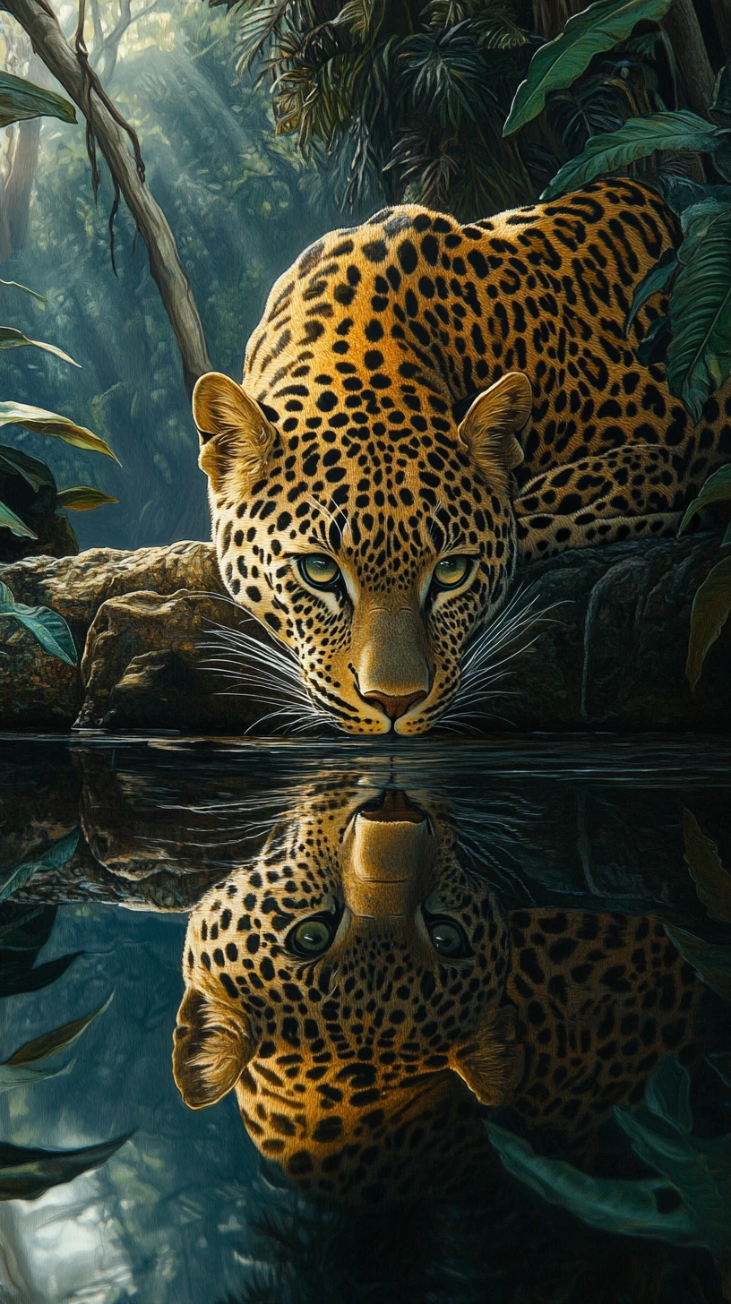 Leopard drinking from a still jungle pool with reflection