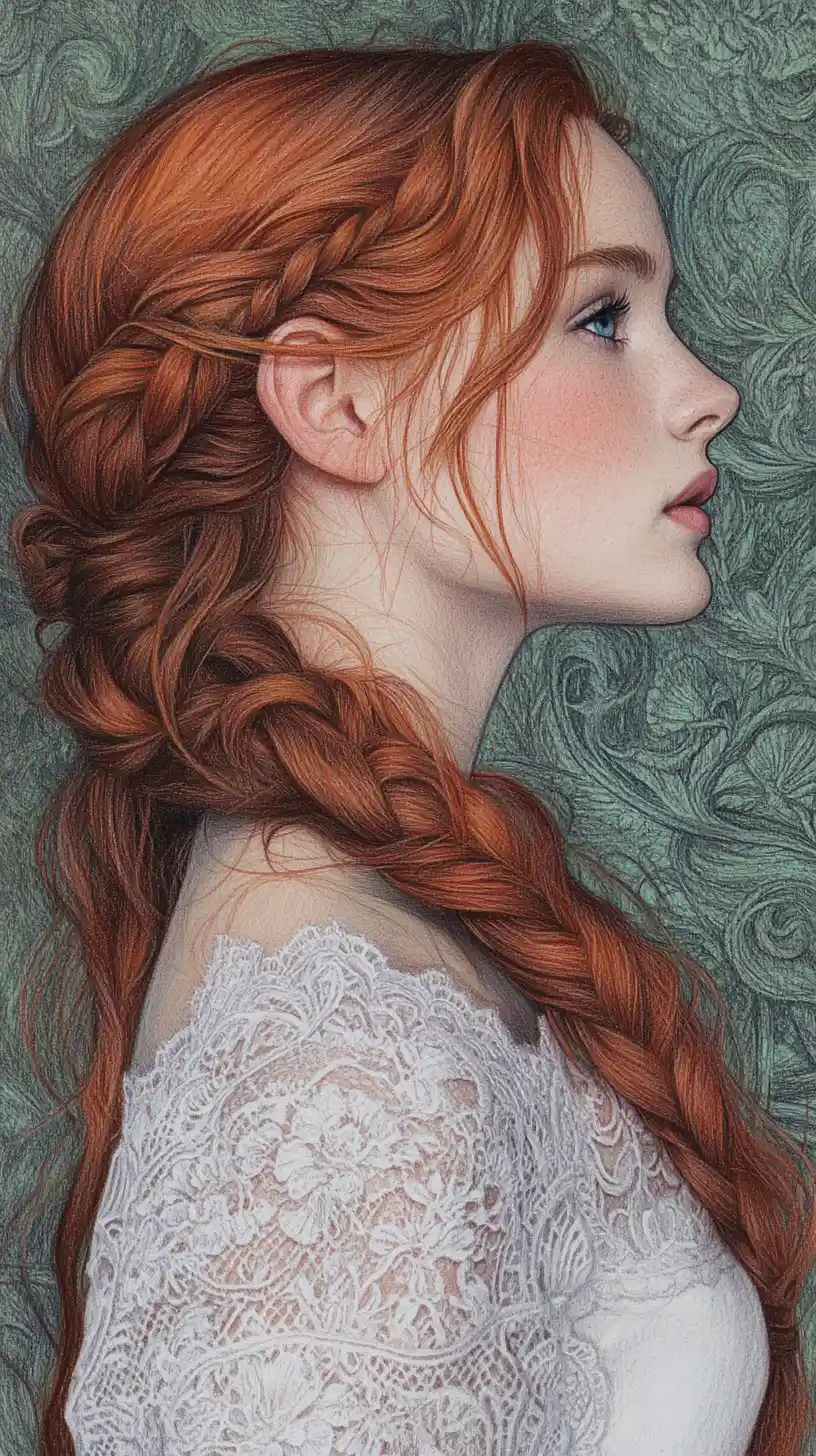 Red haired girl in lace dress colored pencil portrait