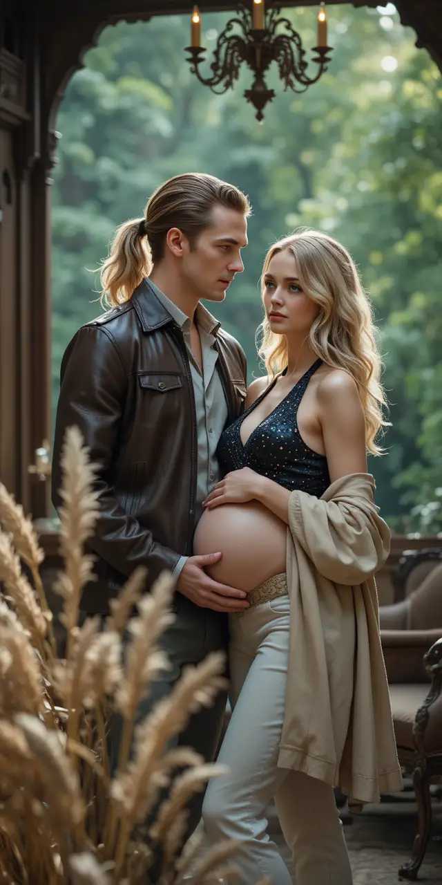 Pregnant blonde woman in black lingerie in warm indoor light