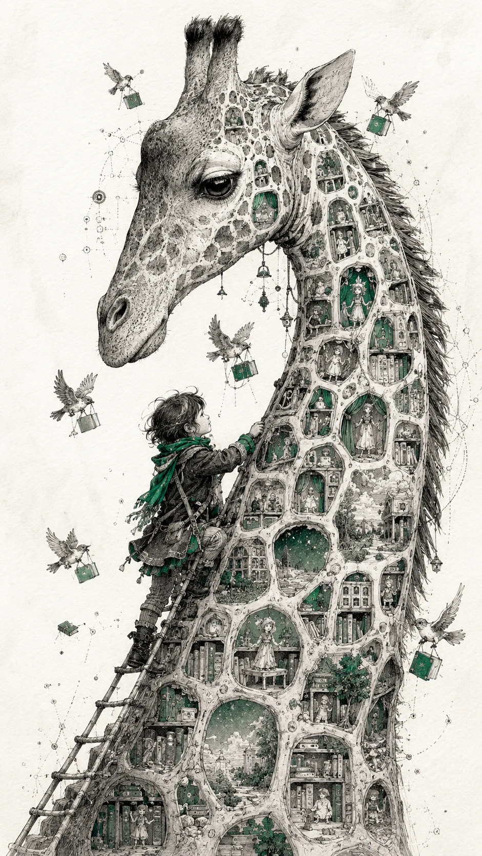 Child climbing a gentle giraffe in a whimsical ink world