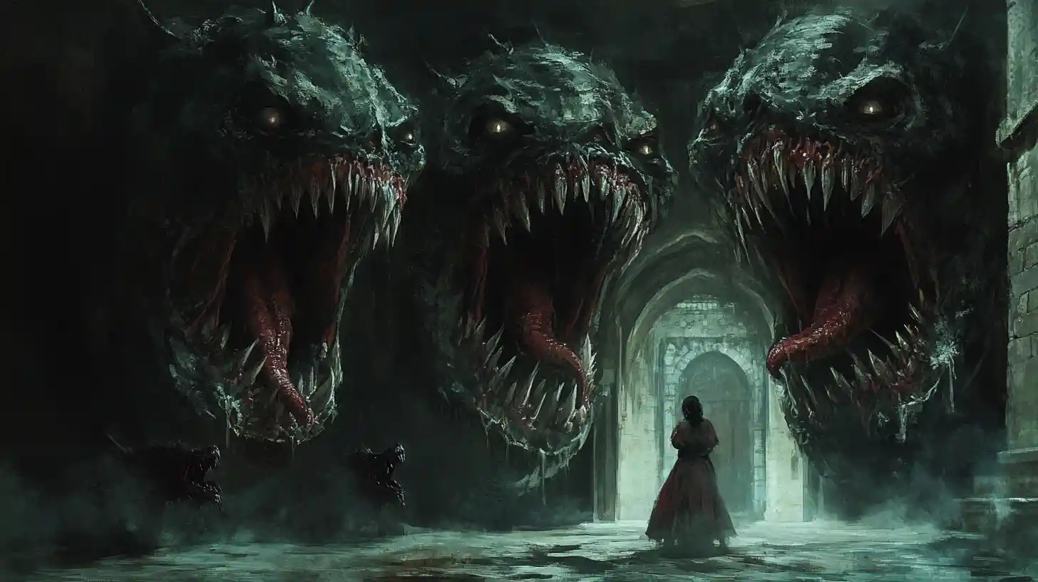 Terrifying Cerberus Approaches A Helpless Woman At The Underworld