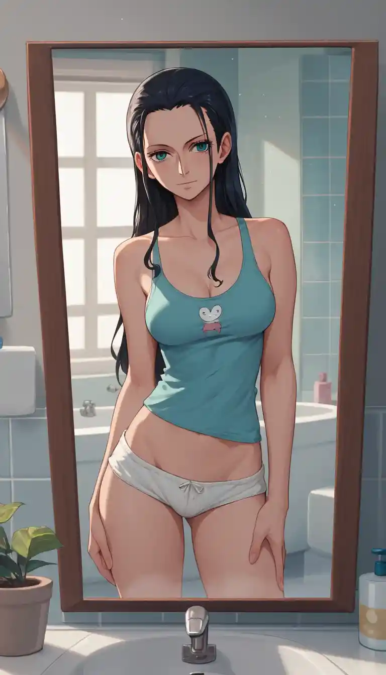 Donna anime in pigiama davanti allo specchio del bagno