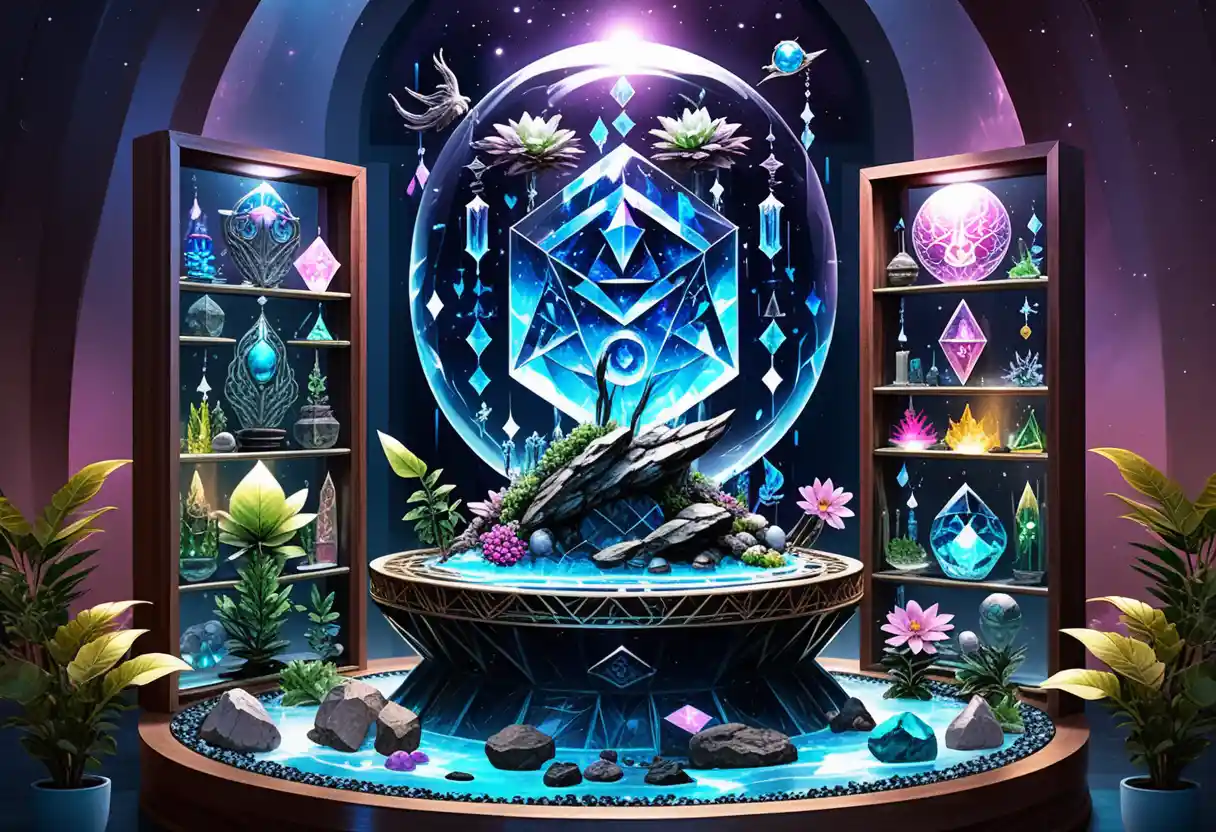 Neon crystal relic display with celestial occult symbols