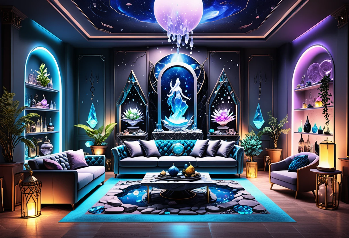 Mystical lounge with crystal displays and neon zodiac decor