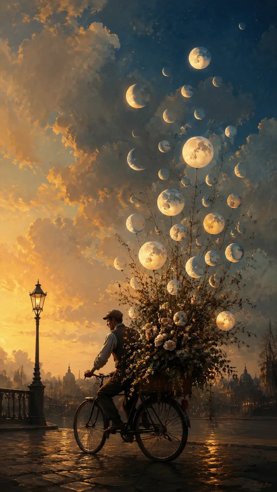 Fleuriste Pédalant une Vieille Bicyclette de Livraison avec Bouquets de Lune