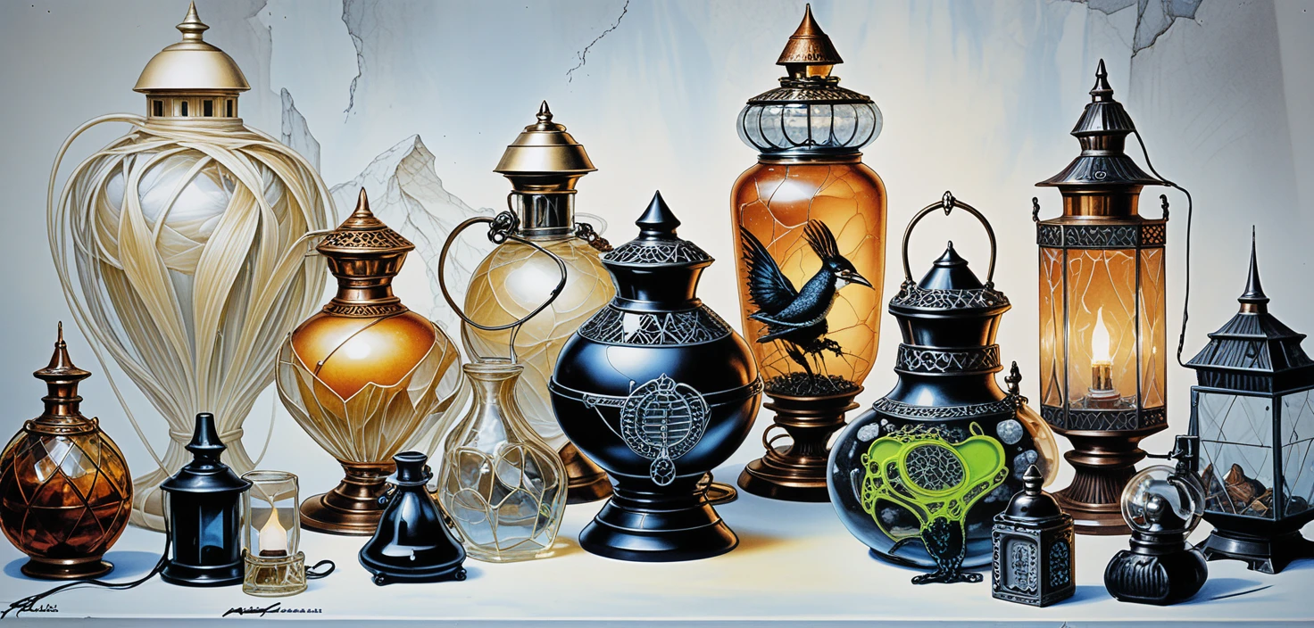 Fantasy tabletop crystals and magical apothecary curiosities