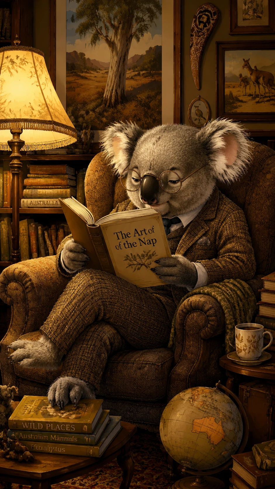 Homme semblable à un koala lisant dans un fauteuil de bureau douillet