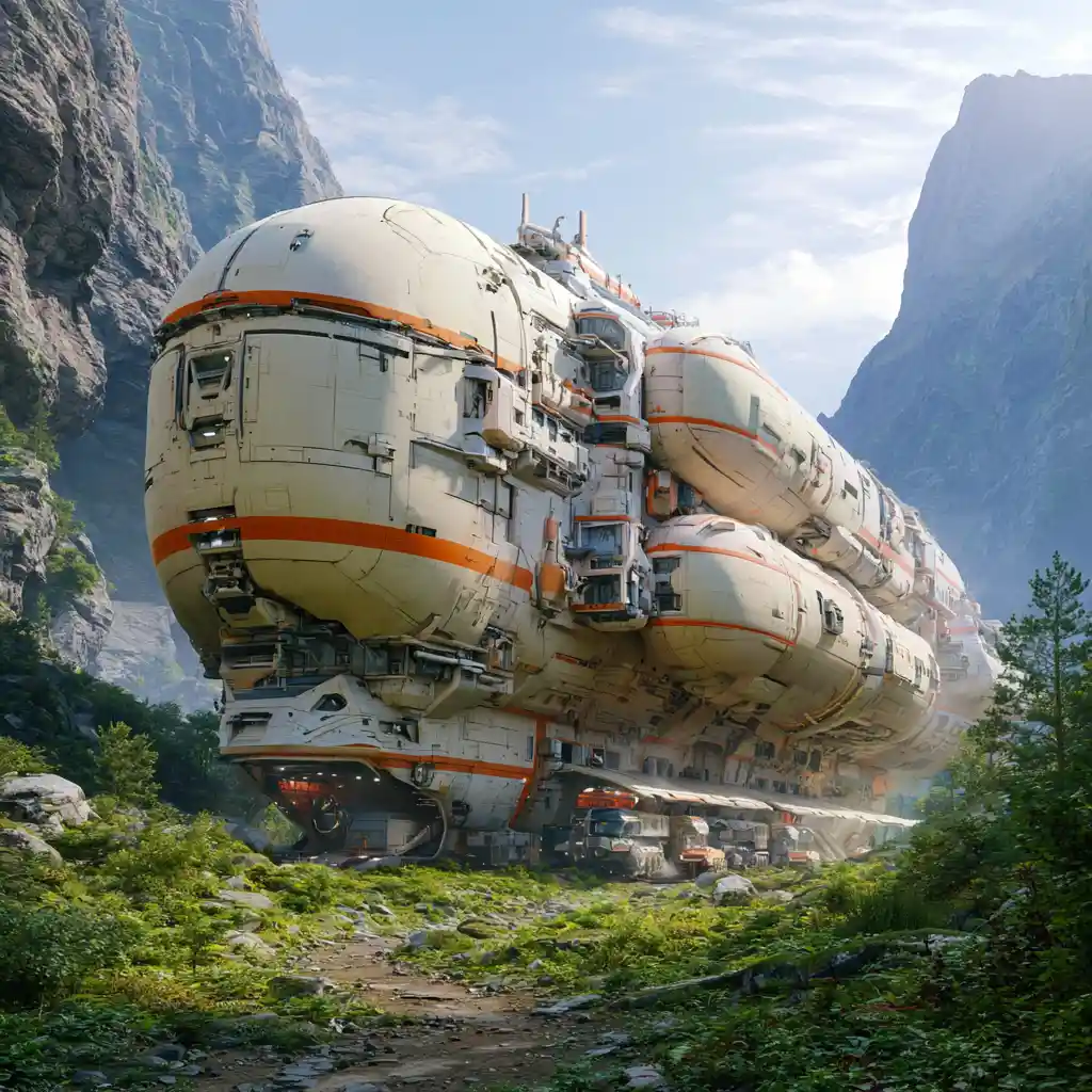 Gigantic cargo spaceship landed in a lush alien valley