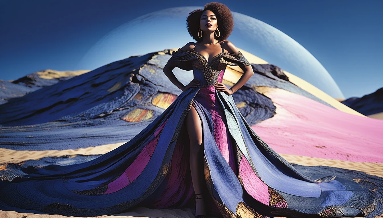 Mulher negra alegre com vestido surreal de areia no deserto
