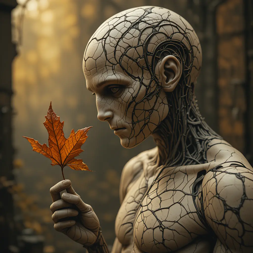 Androïde mélancolique étudiant une unique feuille d’automne flétrie
