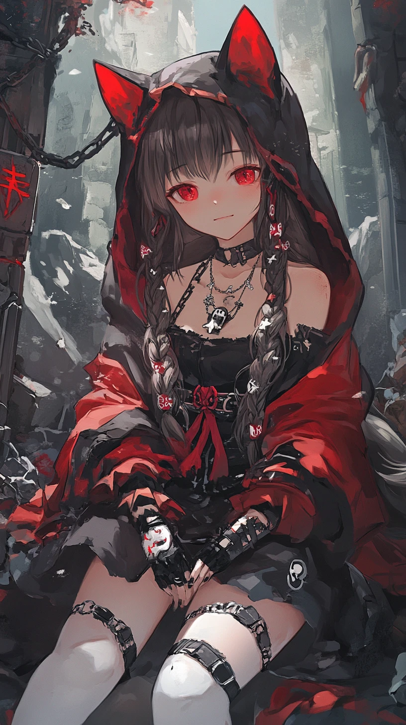 Anime girl with chains and red bow smiling confidently