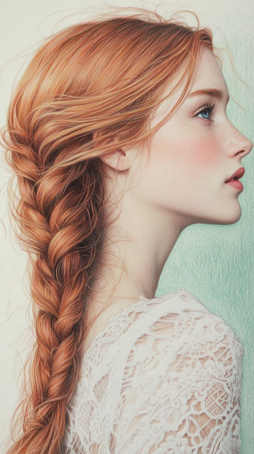 Red haired girl portrait in white lace dress drawing