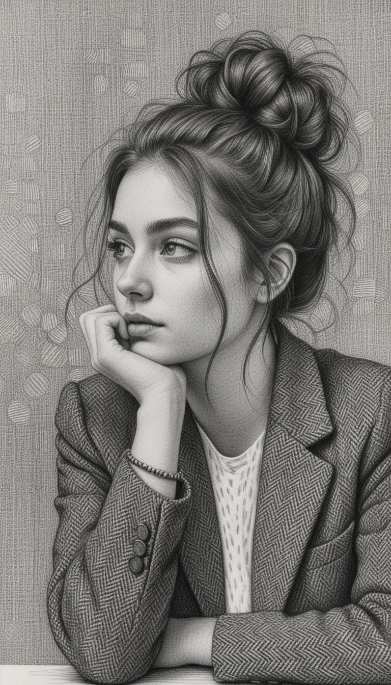 Ink portrait of pensive young woman with messy bun hairstyle