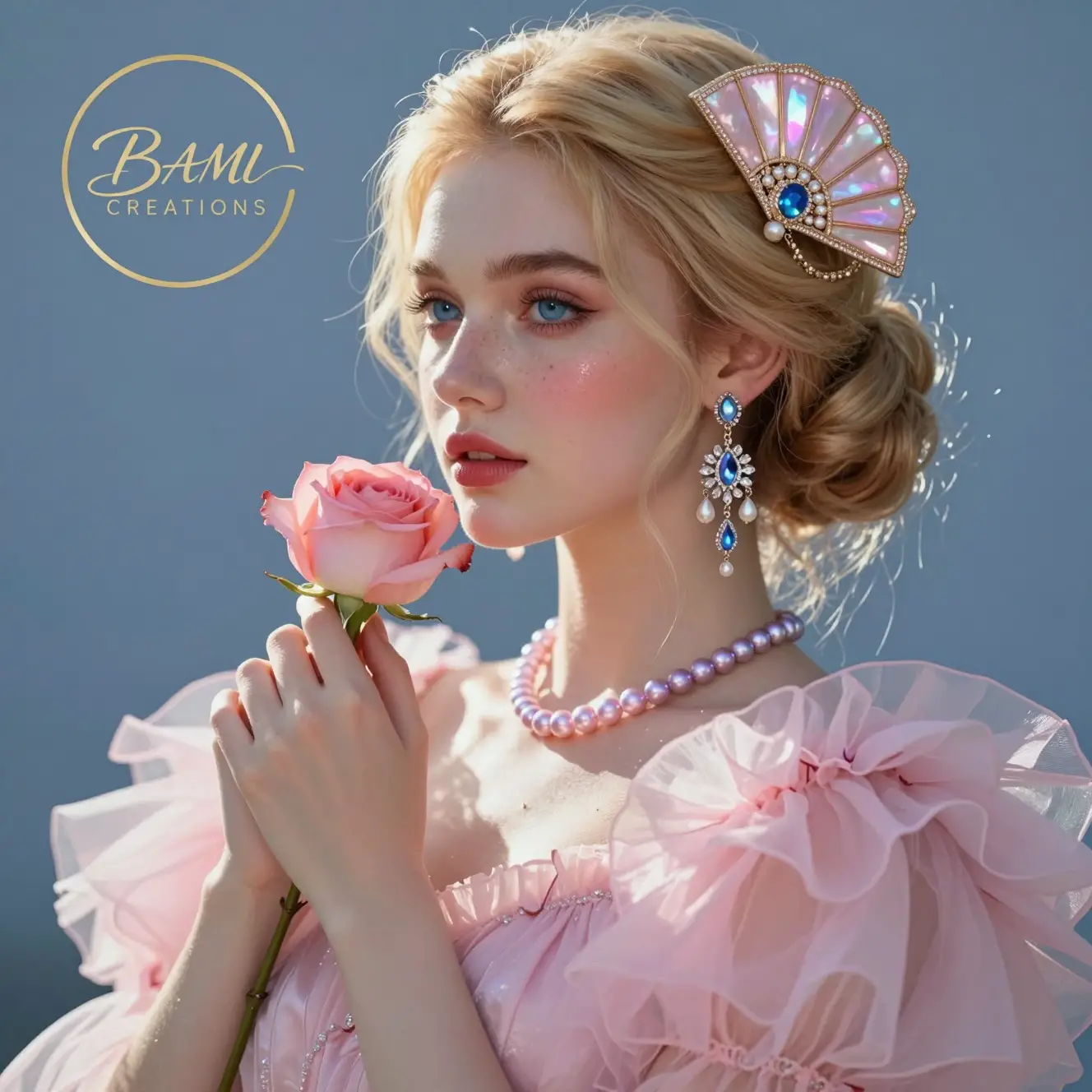 Elegante blonde Frau im rosa Kleid mit Kristallschmuck