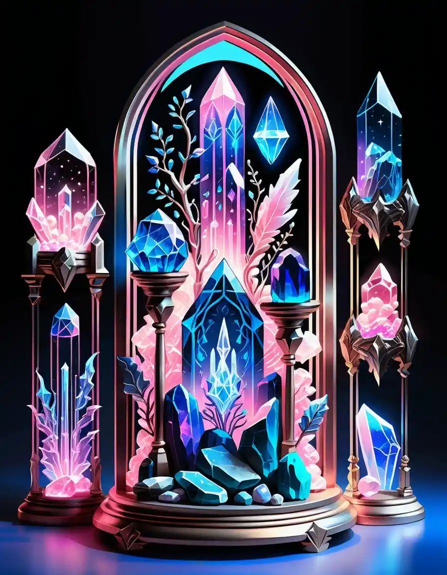Neon crystal relics in ornate glass display line art