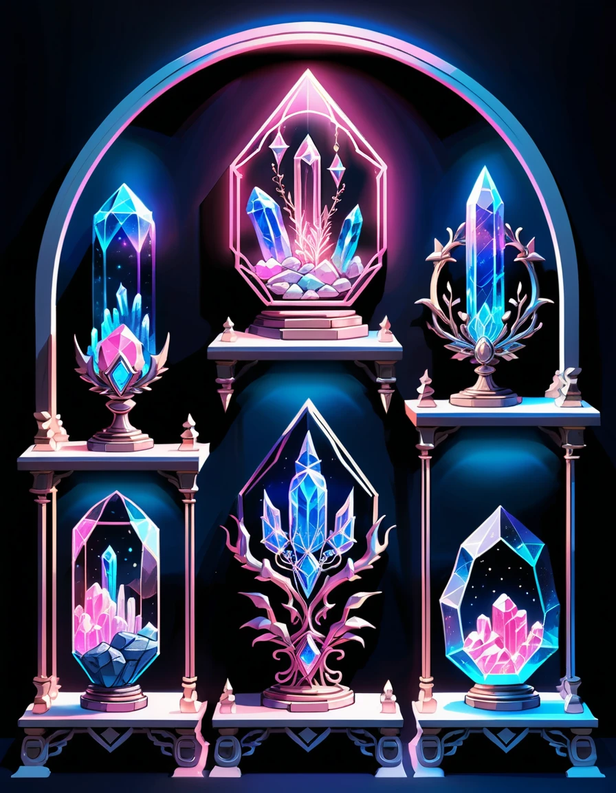 Ornate crystal relic display with neon pink and blue glow