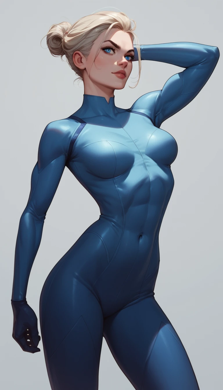 Confident anime heroine in sleek bodysuit with wild blonde hair