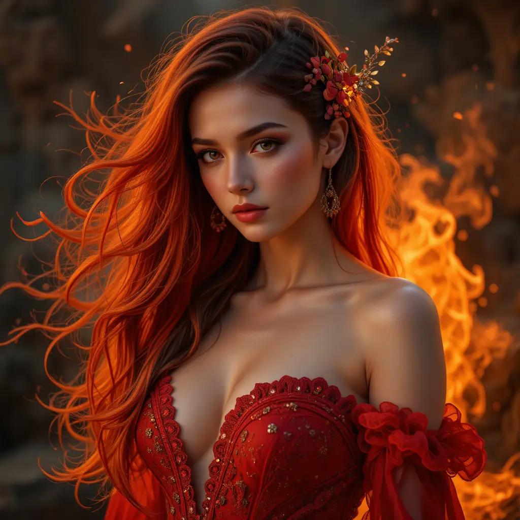 Fiery queen in a red and orange flame inspired dress