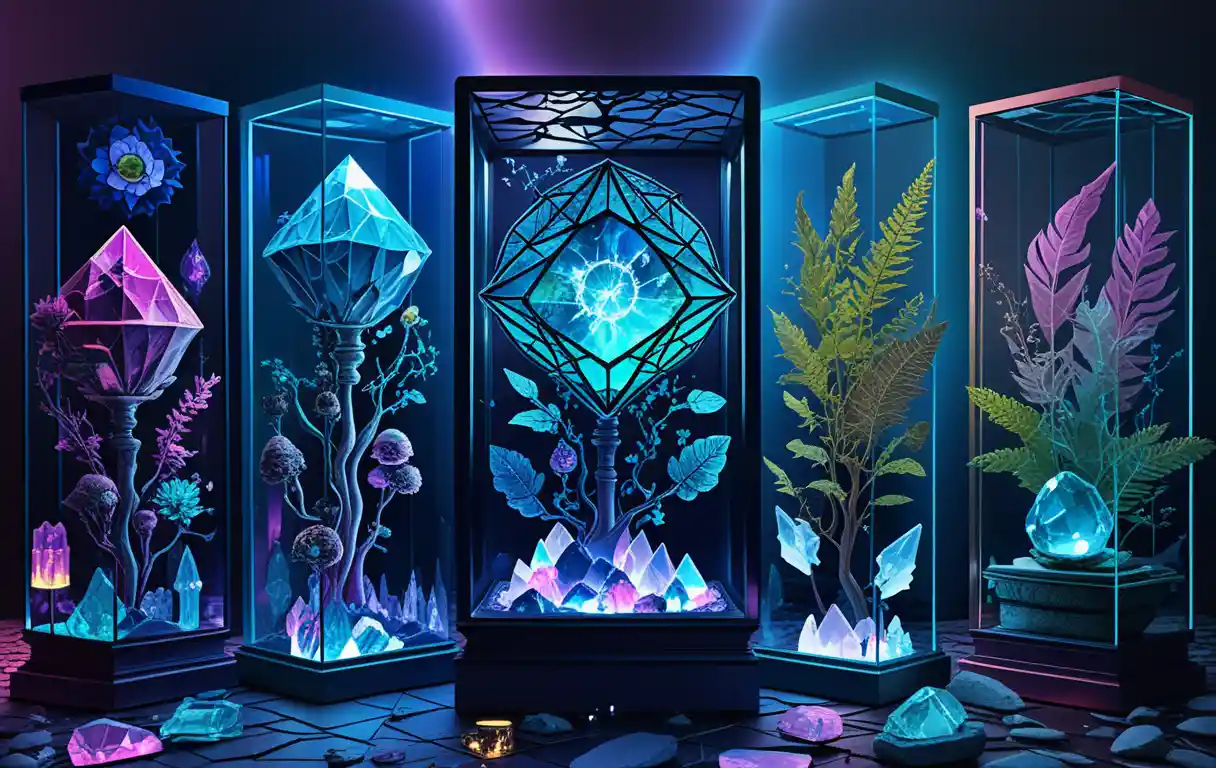Crystal relics displayed in an ornate neon glass showcase