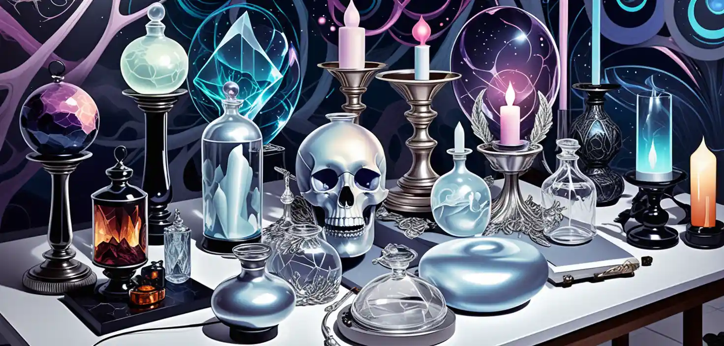 Fantasy tabletop crystals and arcane curios in neon apothecary