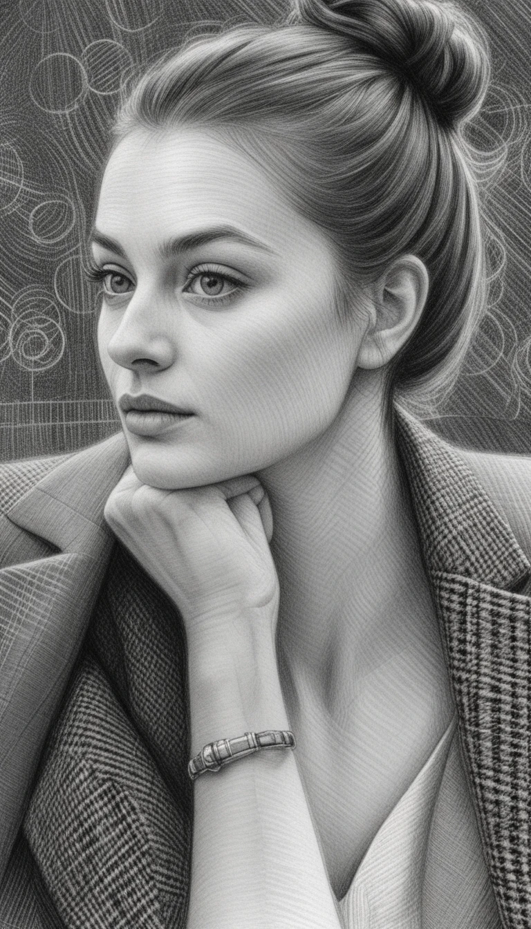 Ink portrait of a pensive young woman with messy bun