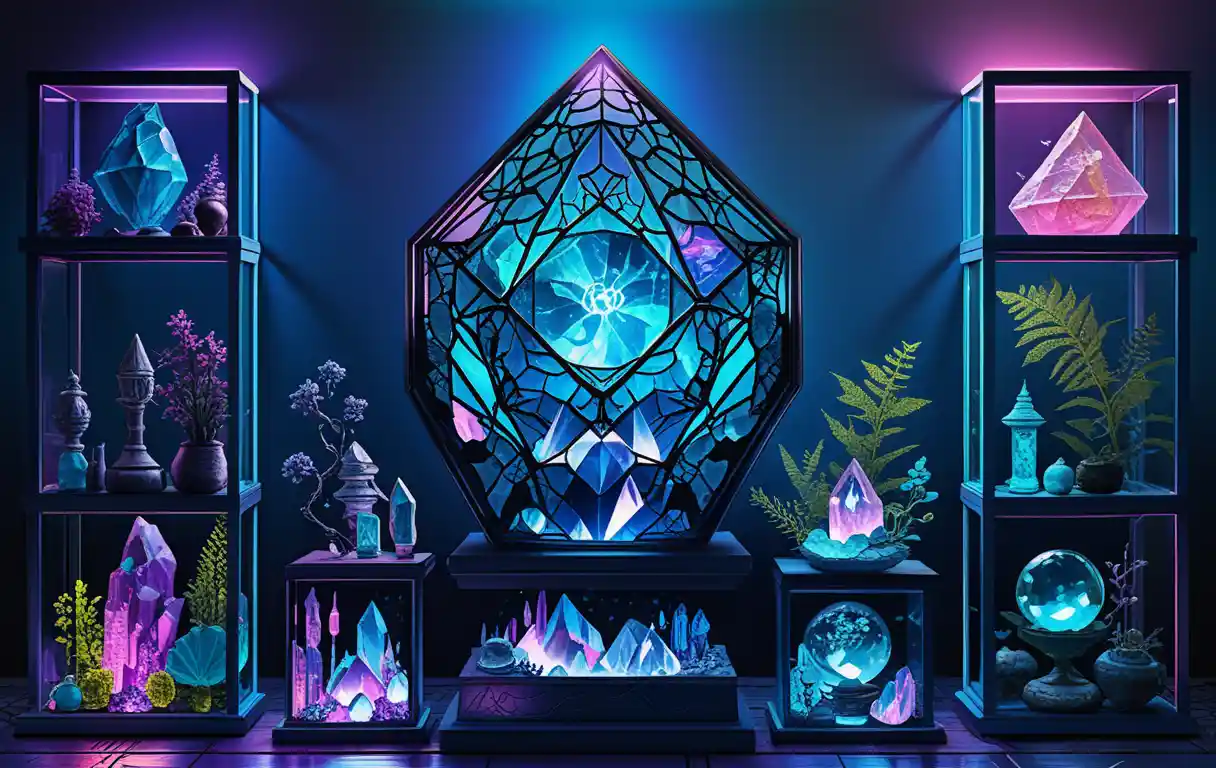 Crystal relic display with neon pink and blue line art